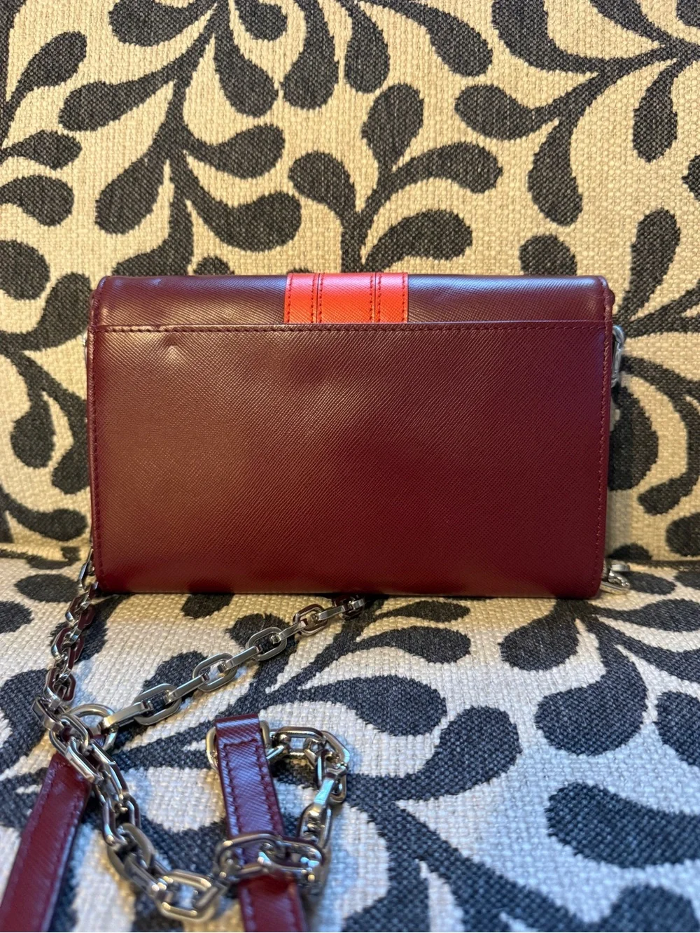 Tory Burch Burgundy Leather Crossbody with Orange Stripe